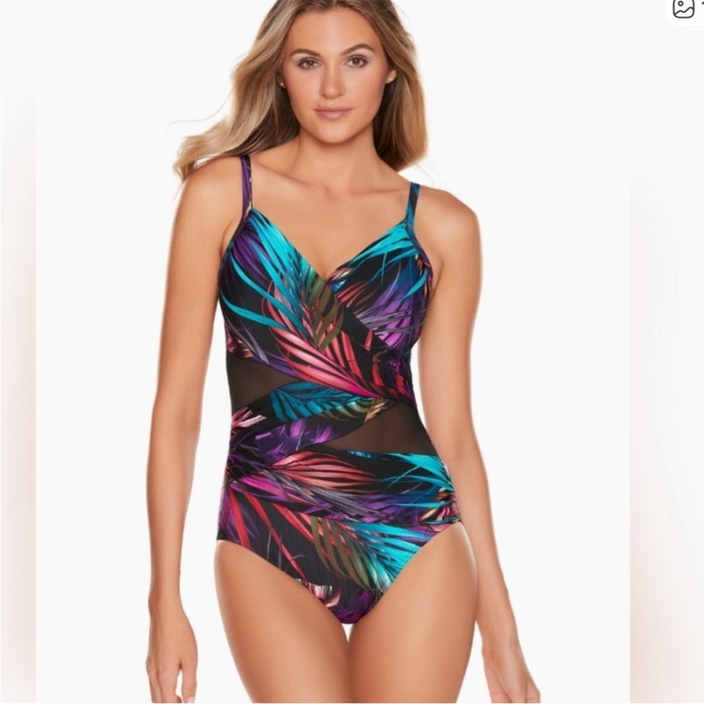 Miraclesuit Tropical Leaf Mesh Cutout One Piece Swimsuit Size 16 Slimming